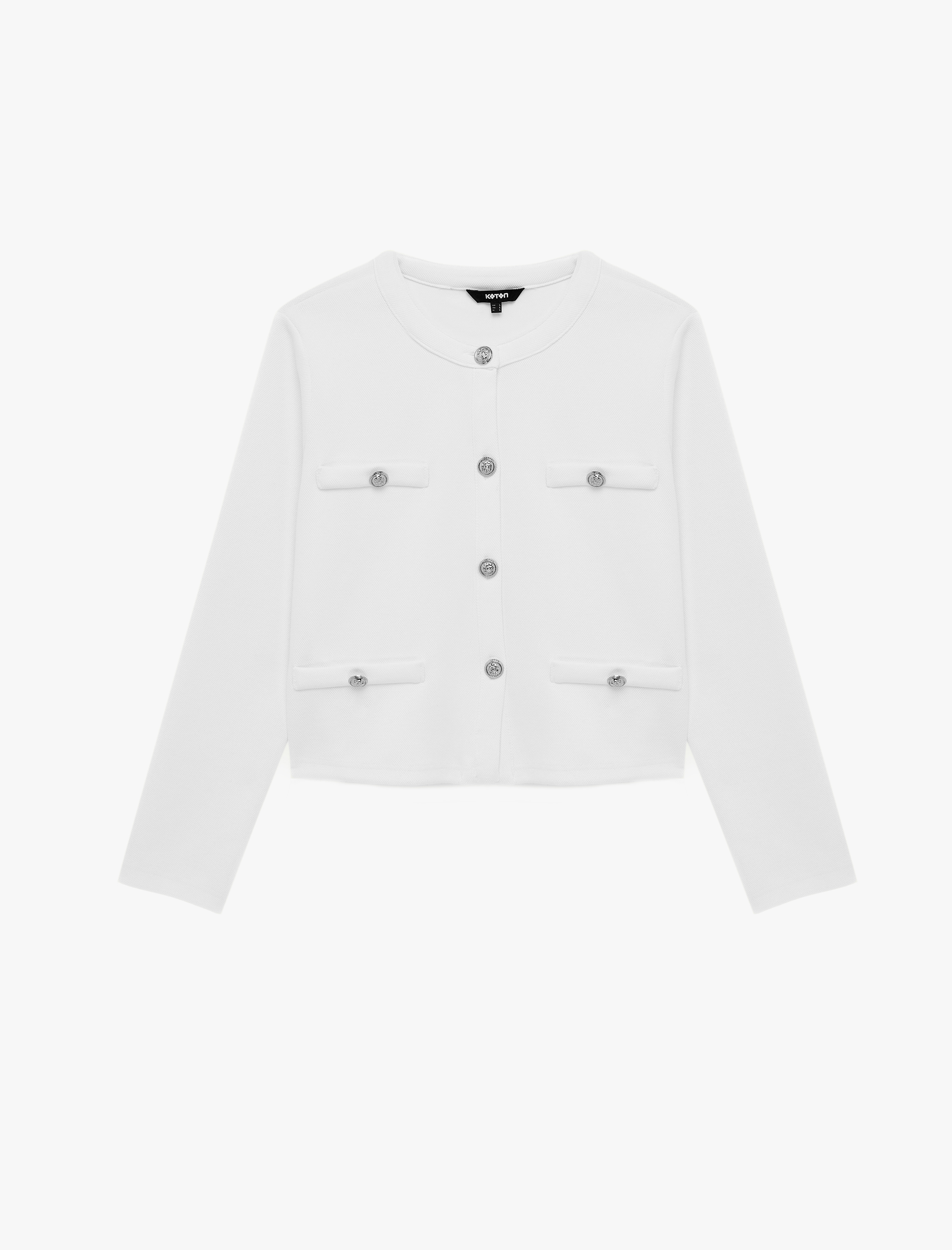   Uzun Kollu Düğmeli Aplike Detaylı Yuvarlak Yaka Hırka