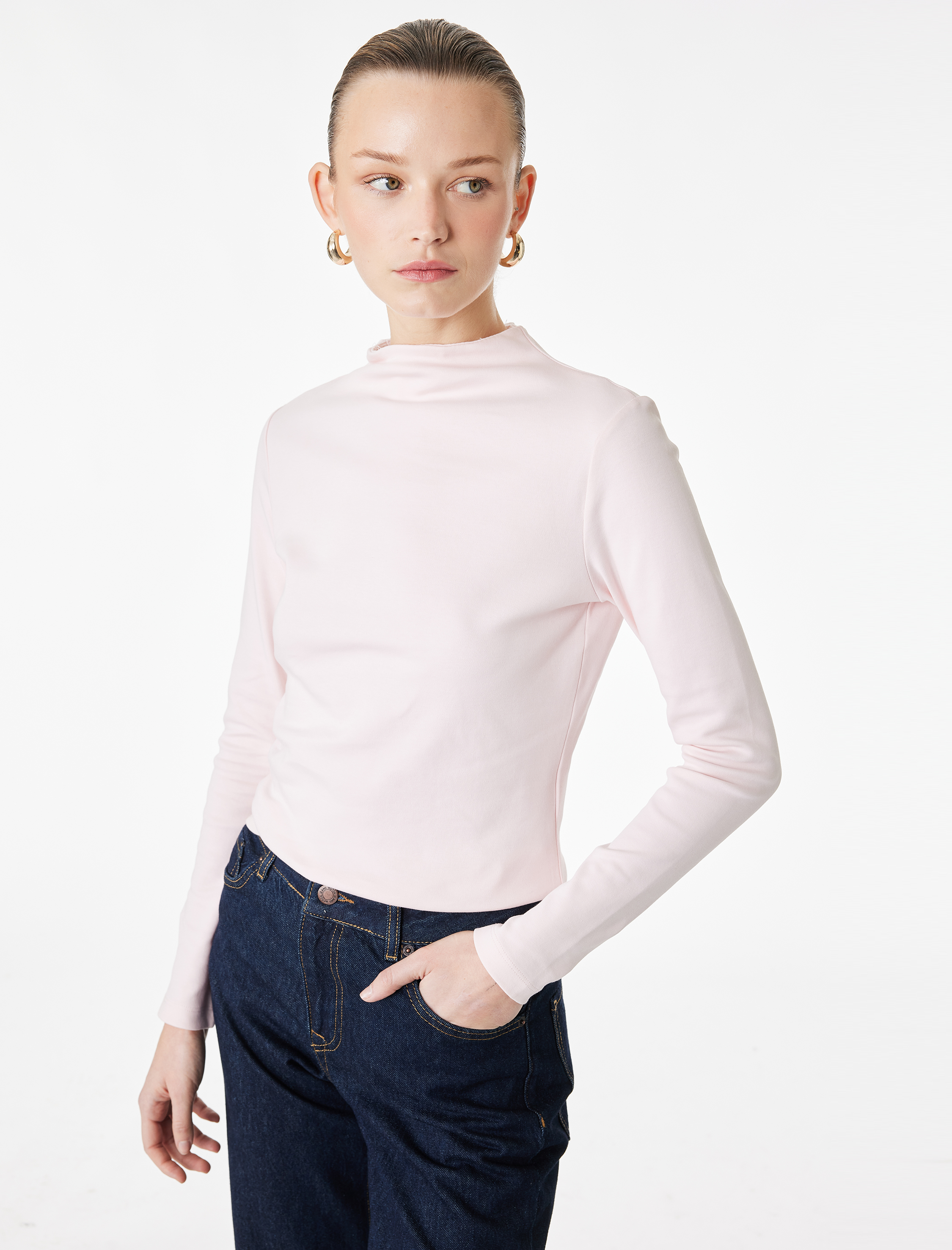   Slim Fit Pamuklu Uzun Kollu Hafif Dik Yaka Bluz