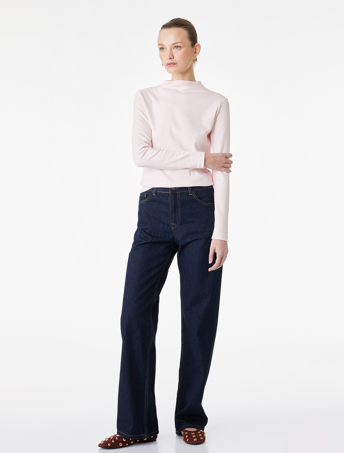  Slim Fit Pamuklu Uzun Kollu Hafif Dik Yaka Bluz