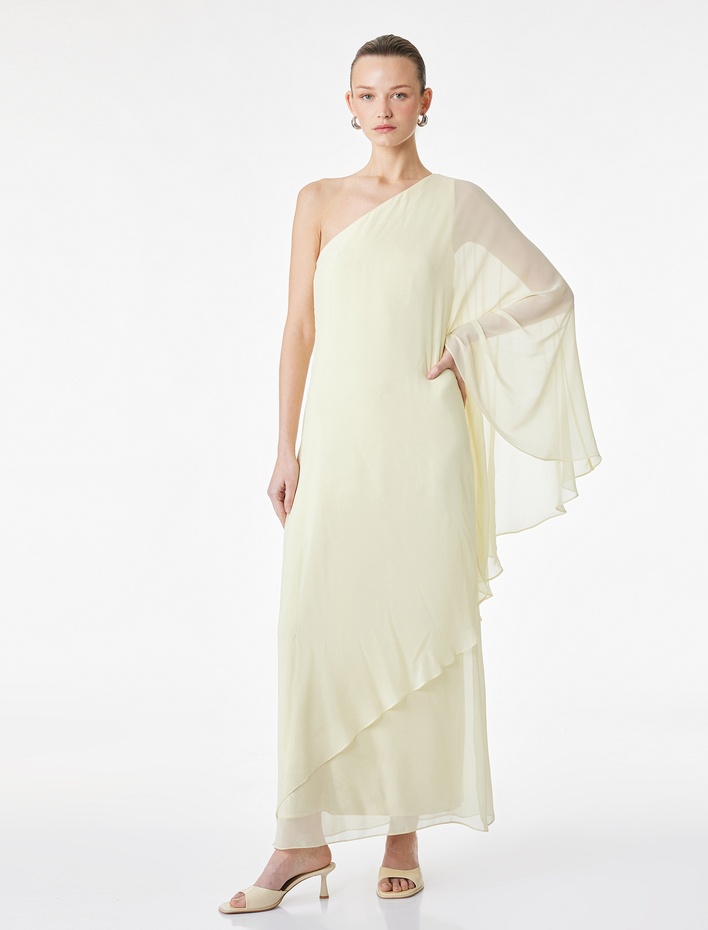  Asimetrik Kesim Midi Boy Tek Omuz Pelerin Şifon Elbise