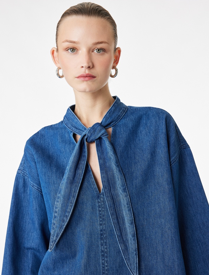  3/4 Kollu Kendinden Fularlı V Yaka Denim Bluz