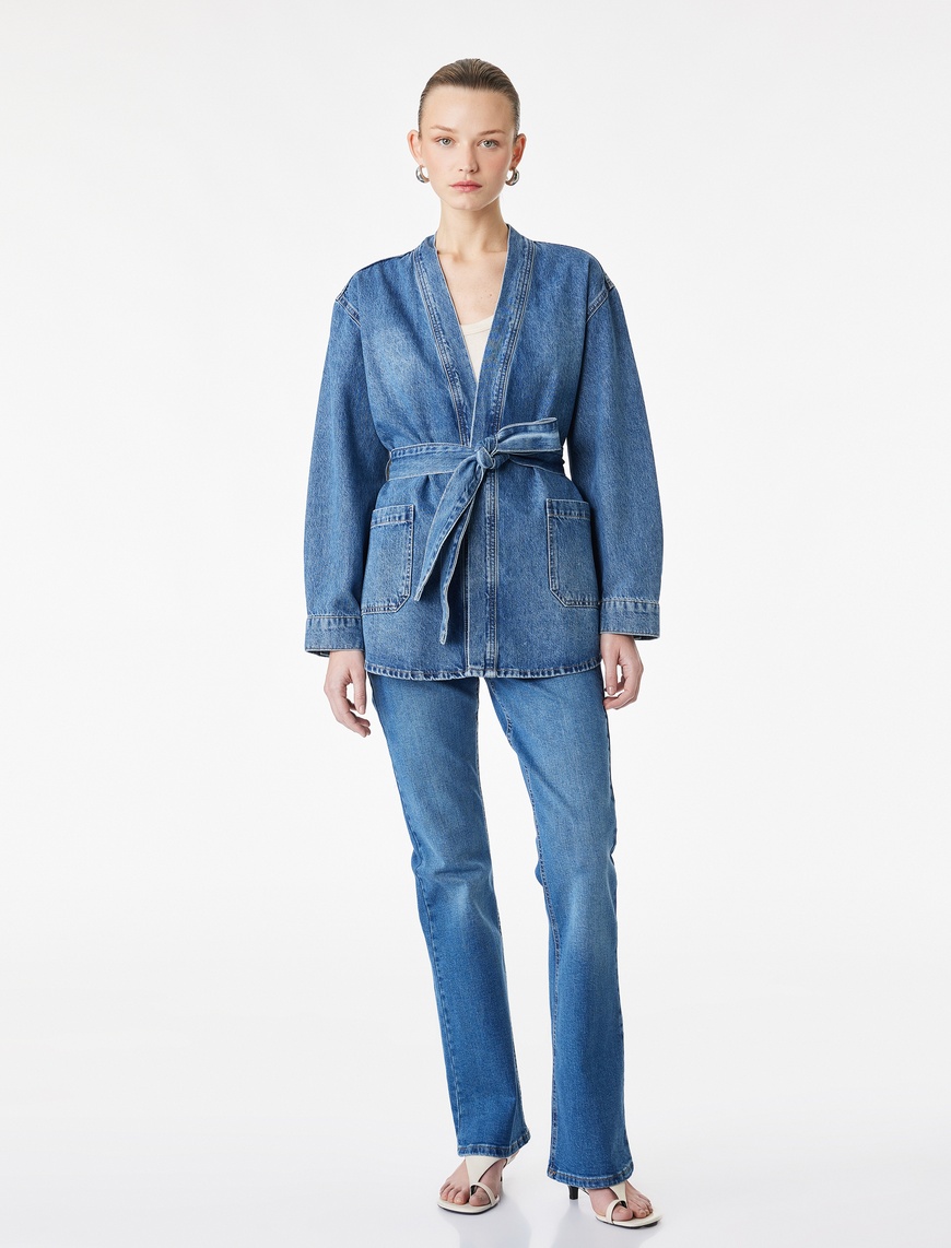 Koton Kadın Regular Fit Cepli Uzun Kollu Kemerli Denim Ceket