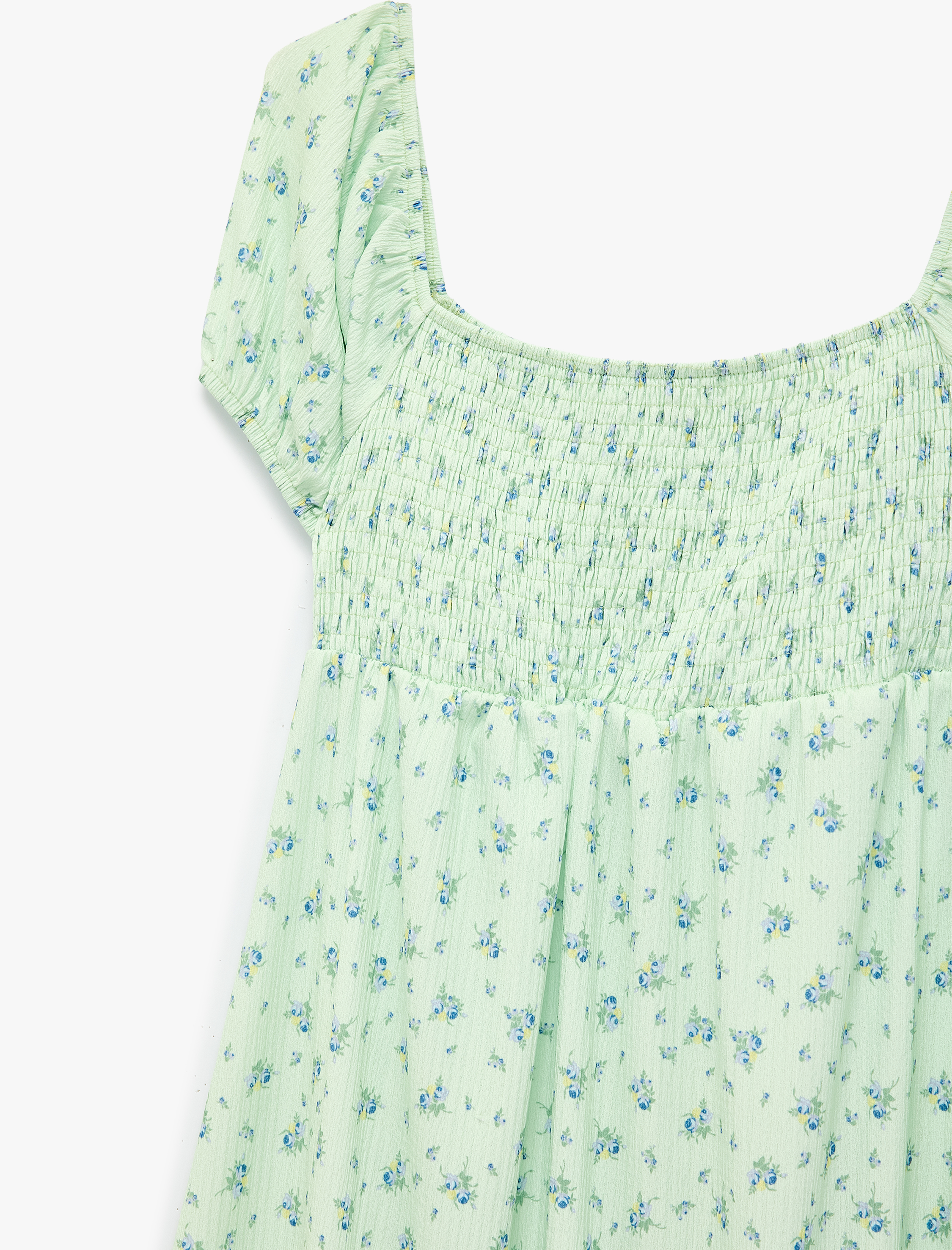   Kare Yaka Kısa Balon Kollu Uzun Çiçekli Elbise