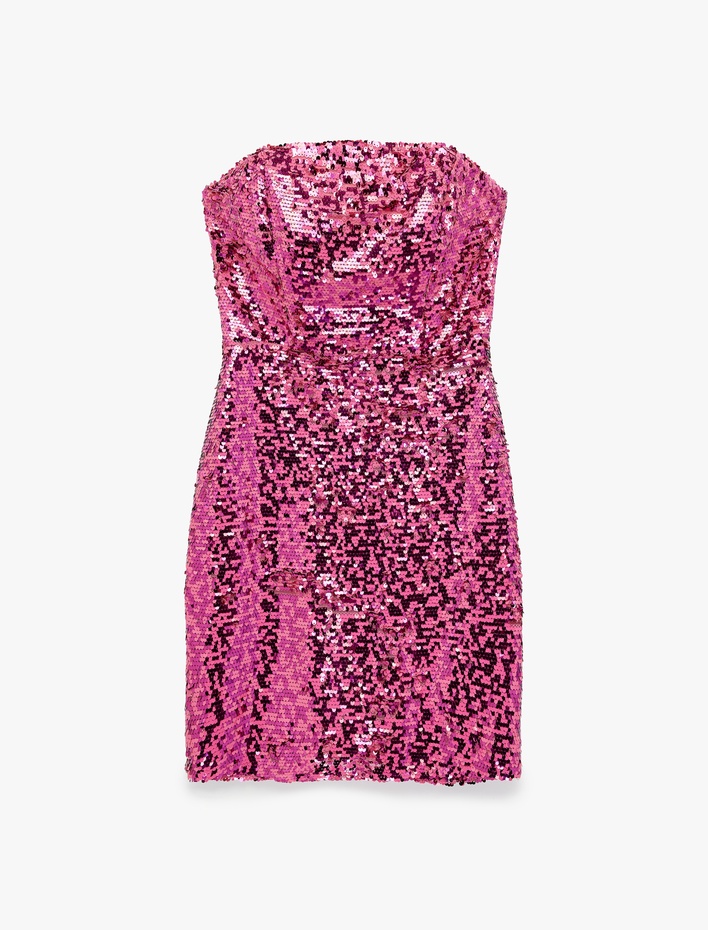  Pullu Payetli Kolsuz Straplez Yaka Bodycon Mini Abiye Elbise