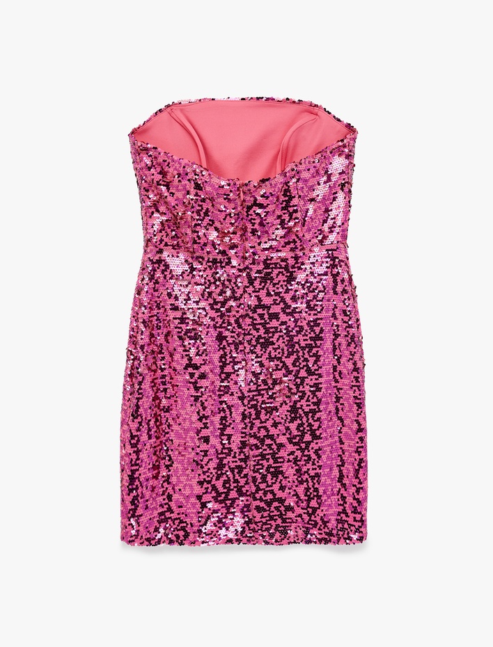  Pullu Payetli Kolsuz Straplez Yaka Bodycon Mini Abiye Elbise