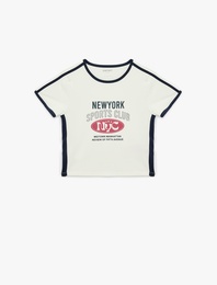 Slim Fit Baskılı Bisiklet Yaka Kısa Kollu Spor Crop Tişört