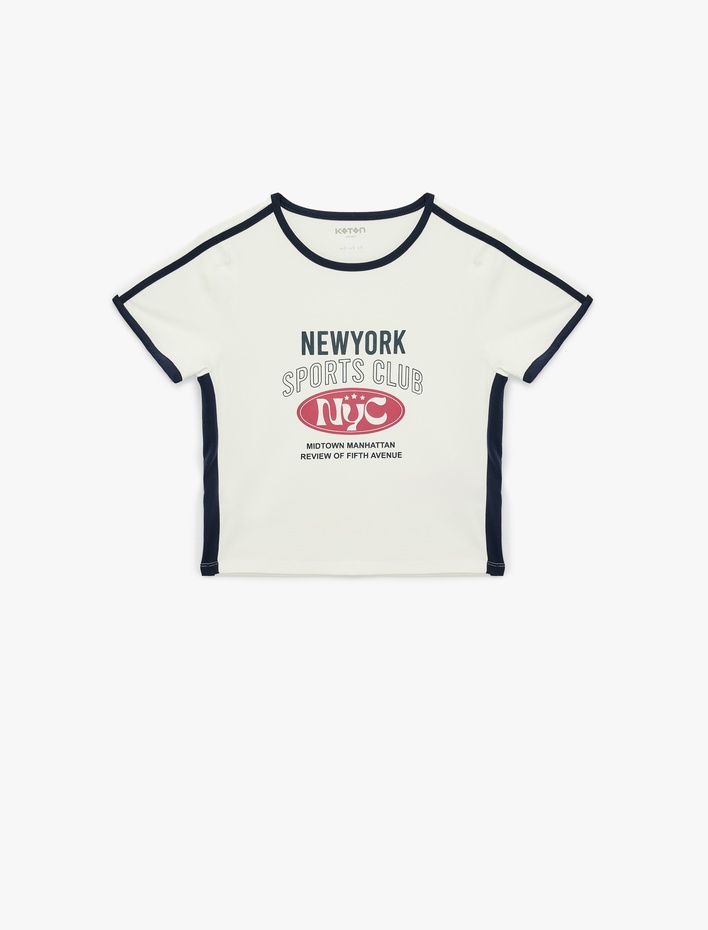  Slim Fit Baskılı Bisiklet Yaka Kısa Kollu Spor Crop Tişört