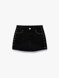 Pamuklu Cepli Zımba Detaylı Jean Şort Etek