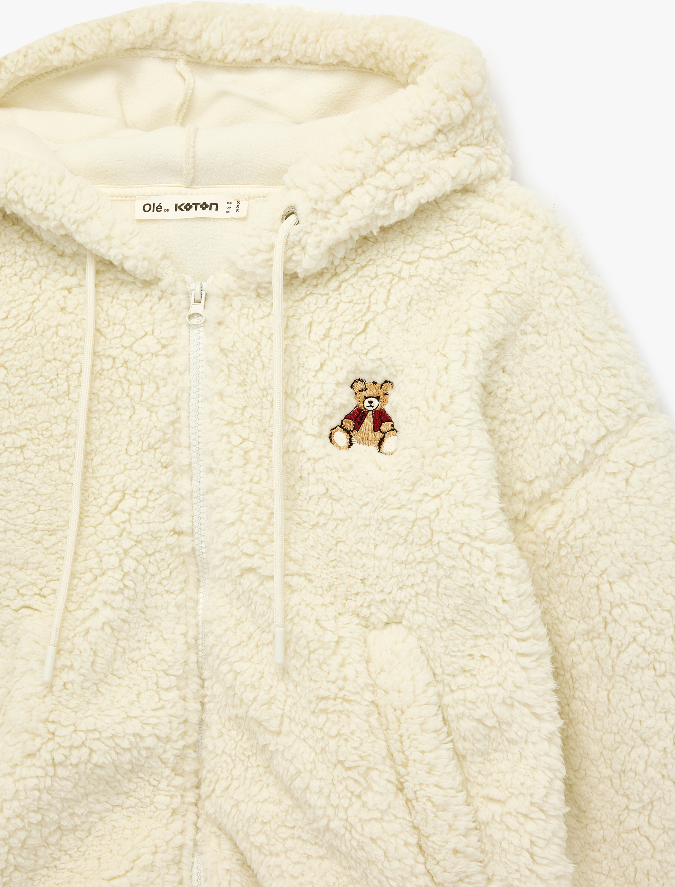   Ayıcık Nakışlı Kapüşonlu Cepli Fermuarlı Crop Peluş Ceket