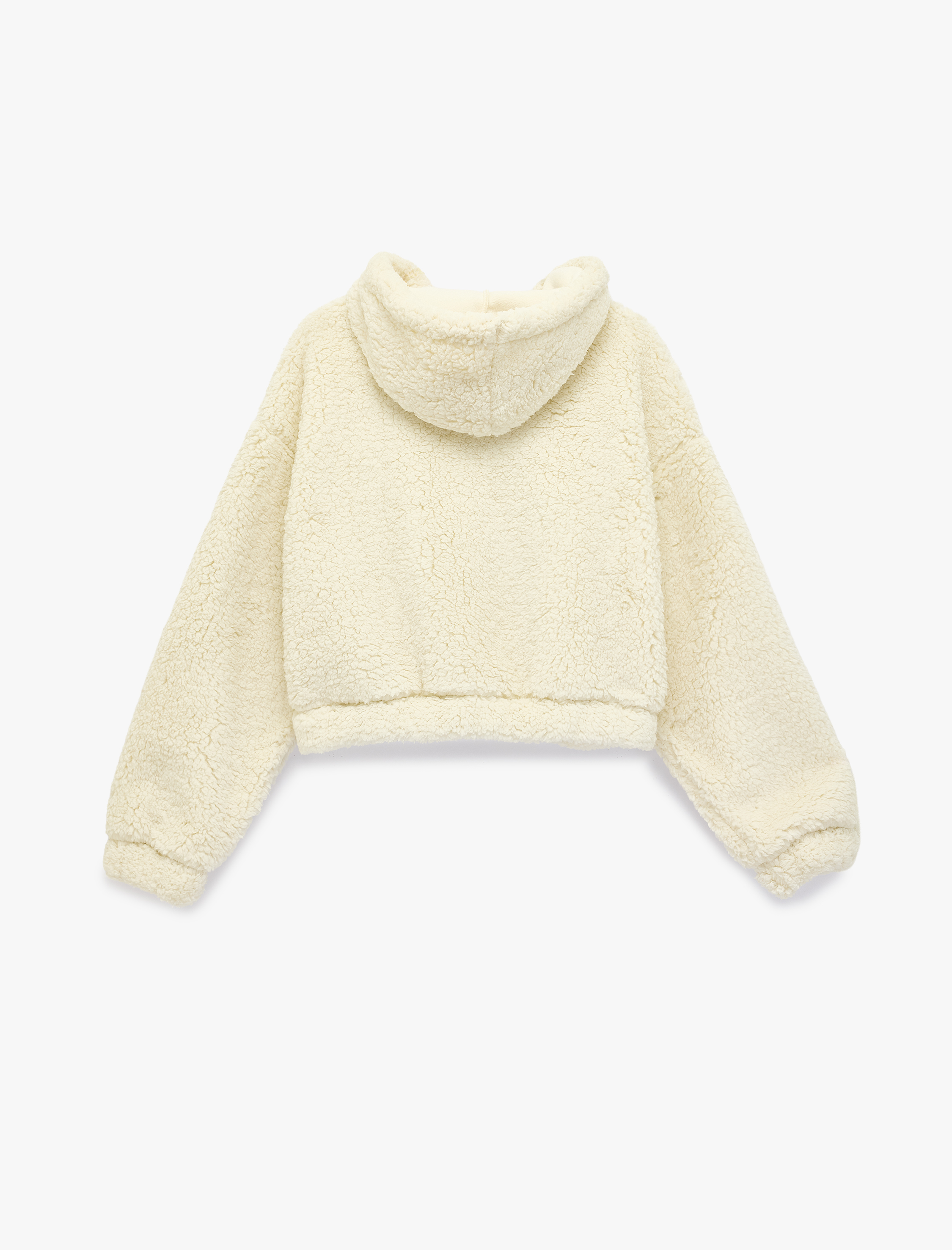   Ayıcık Nakışlı Kapüşonlu Cepli Fermuarlı Crop Peluş Ceket