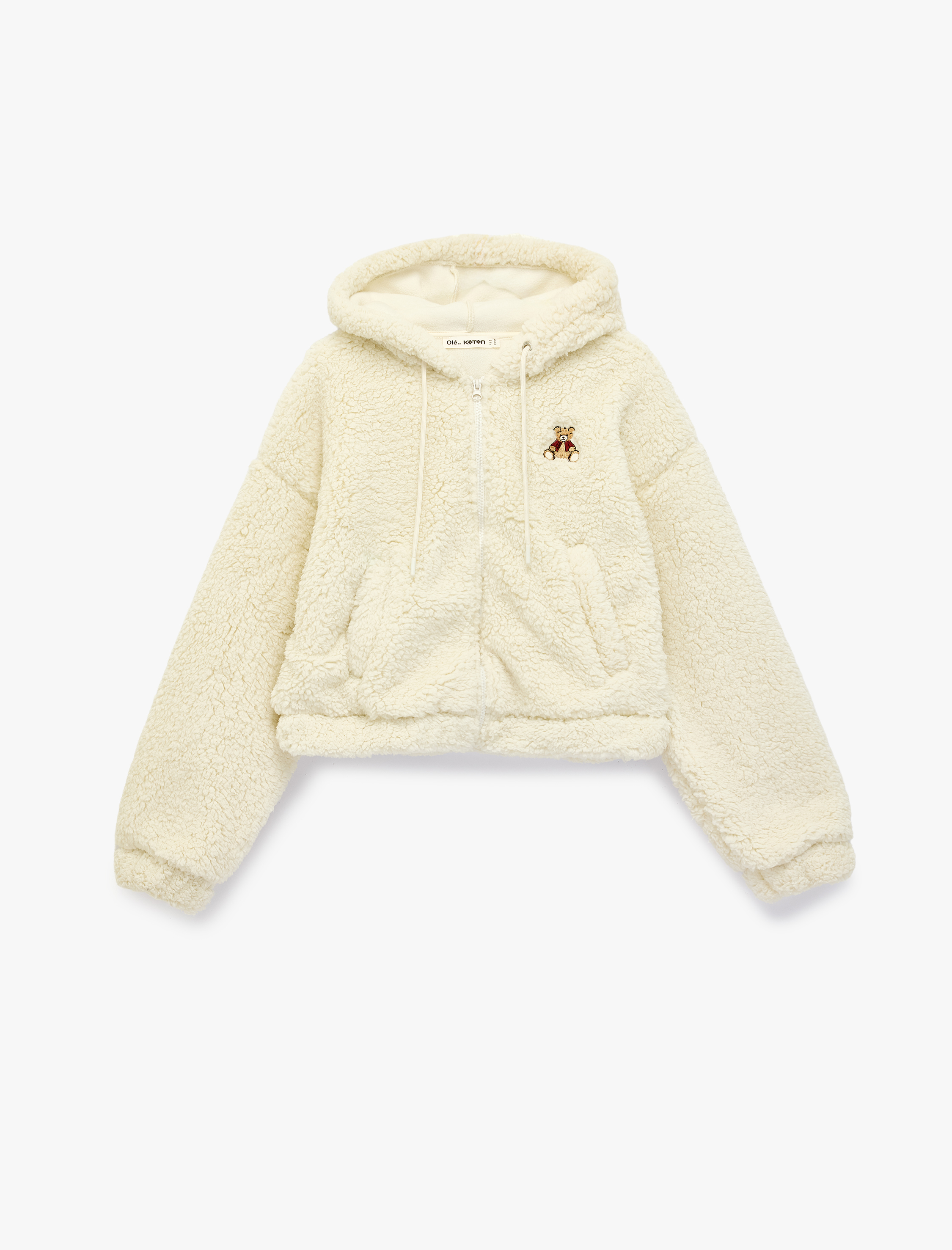   Ayıcık Nakışlı Kapüşonlu Cepli Fermuarlı Crop Peluş Ceket