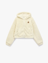 Ayıcık Nakışlı Kapüşonlu Cepli Fermuarlı Crop Peluş Ceket