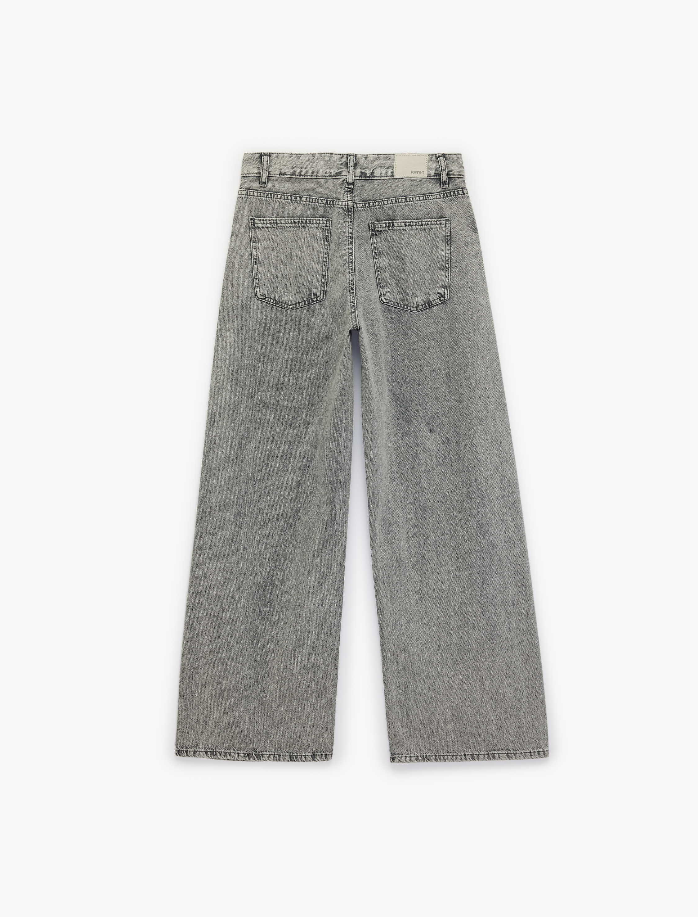   Bol Kalıp Geniş Paça Düğmeli Cepli Yıkamalı Denim Pantolon - Loose Straight Fit Jean