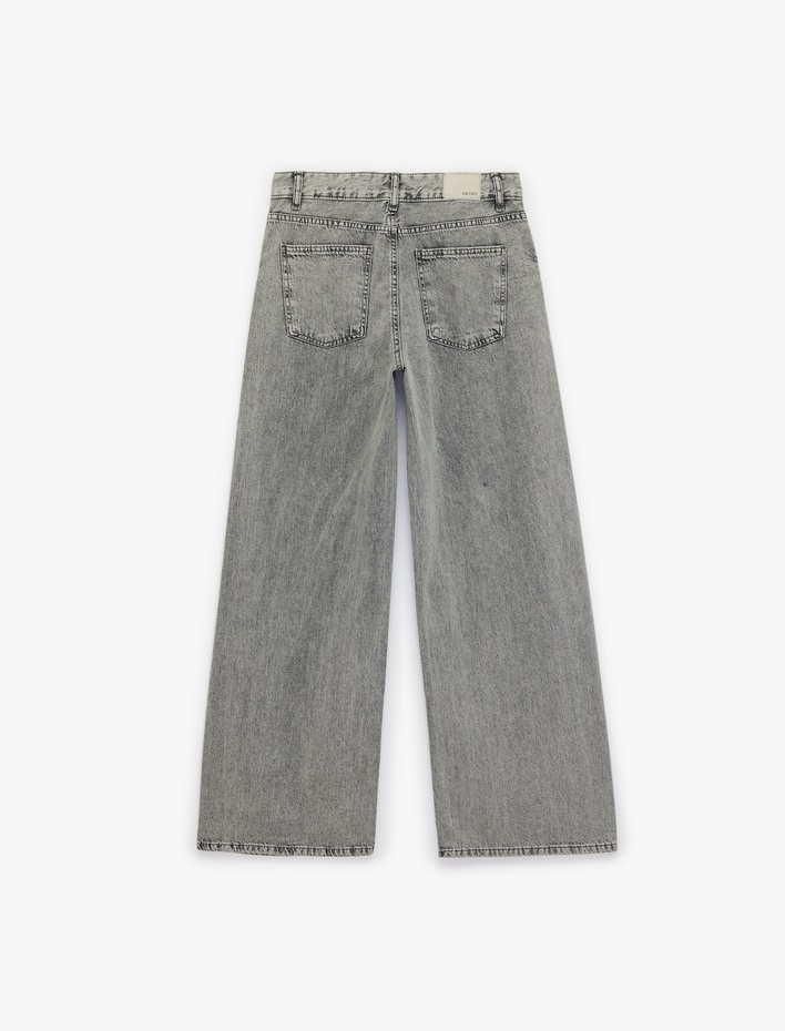  Bol Kalıp Geniş Paça Düğmeli Cepli Yıkamalı Denim Pantolon - Loose Straight Fit Jean