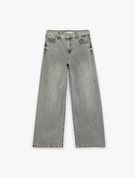 Bol Kalıp Geniş Paça Düğmeli Cepli Yıkamalı Denim Pantolon - Loose Straight Fit Jean