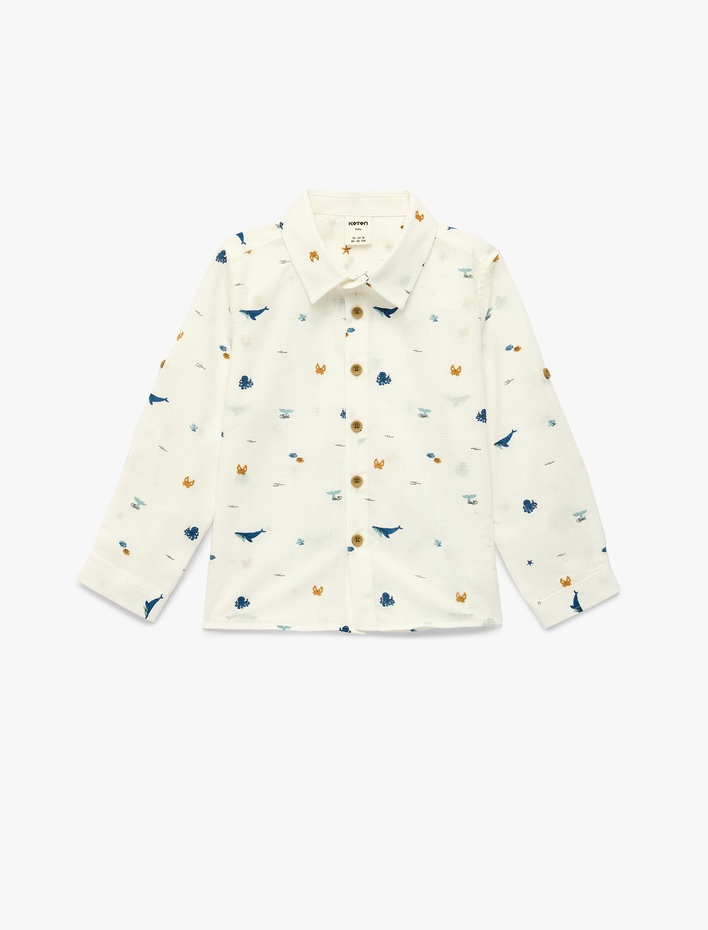 Erkek Bebek Pamuklu Uzun Kollu Düğme Detaylı Desenli Gömlek