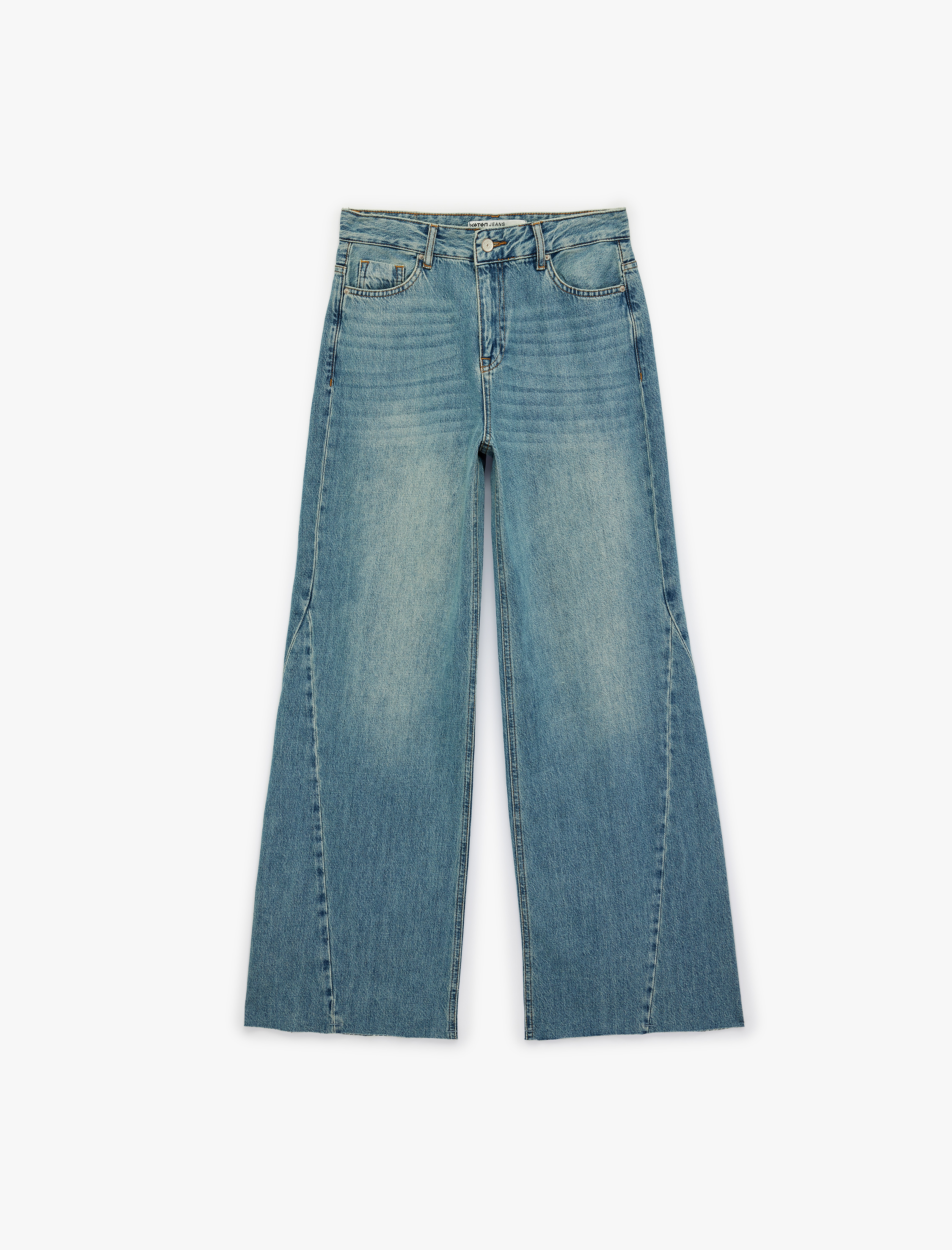   Yüksek Bel Dikiş Detaylı Düğmeli Cepli Geniş Paça Denim Pantolon - Wide Leg Jean