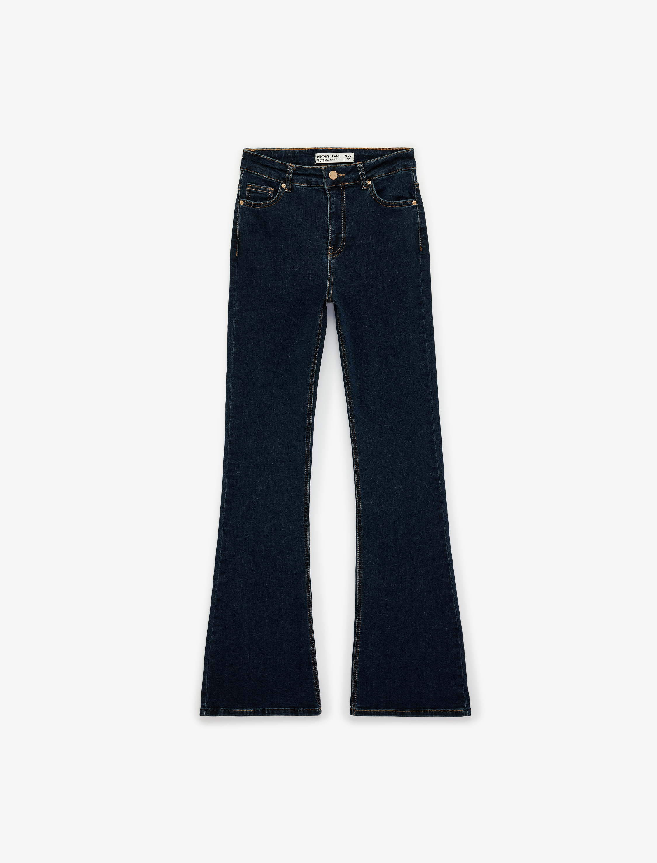   Dar Kalıp Yüksek Bel Düğmeli Cepli İspanyol Paça Denim Pantolon - Flare Jean