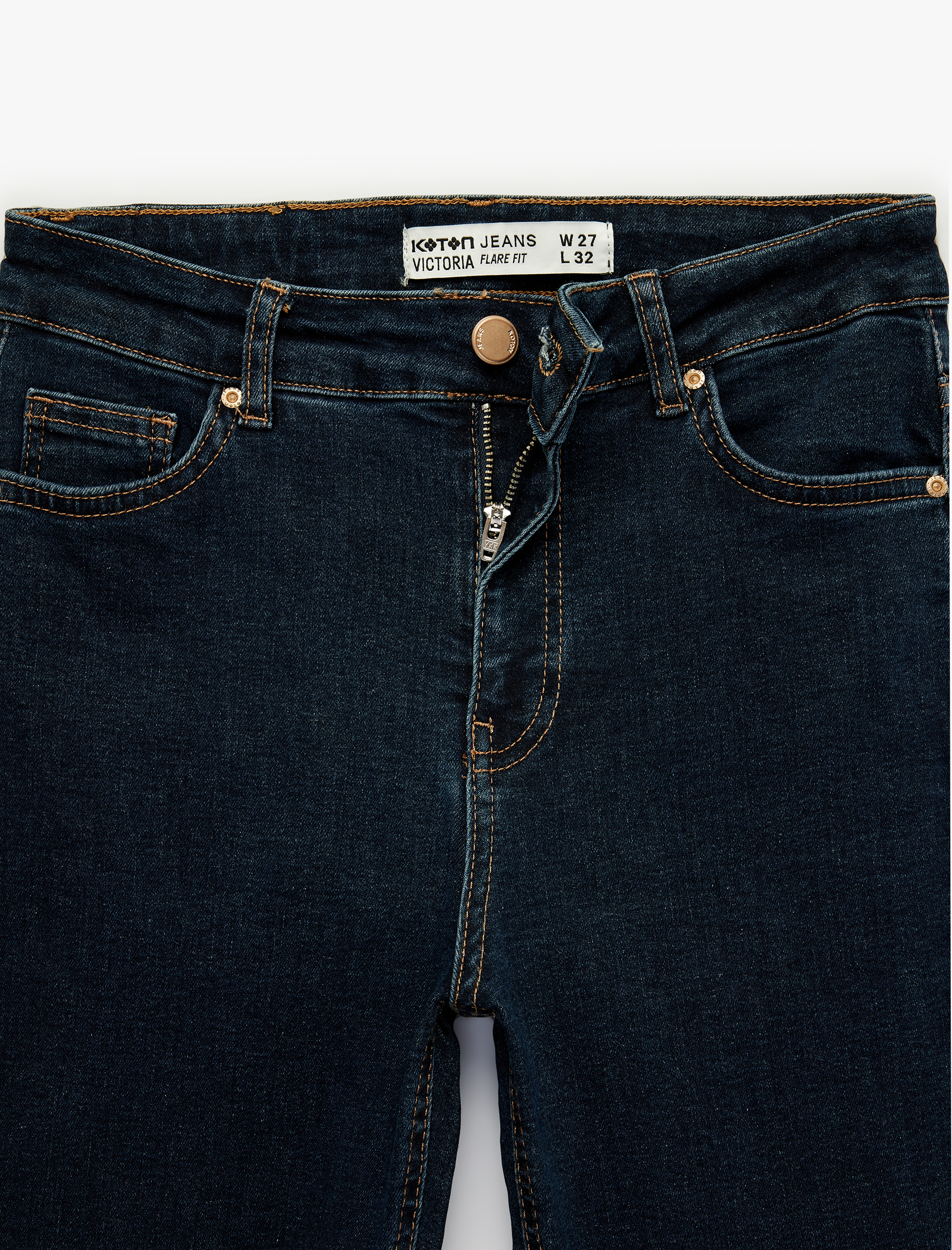   Dar Kalıp Yüksek Bel Düğmeli Cepli İspanyol Paça Denim Pantolon - Flare Jean