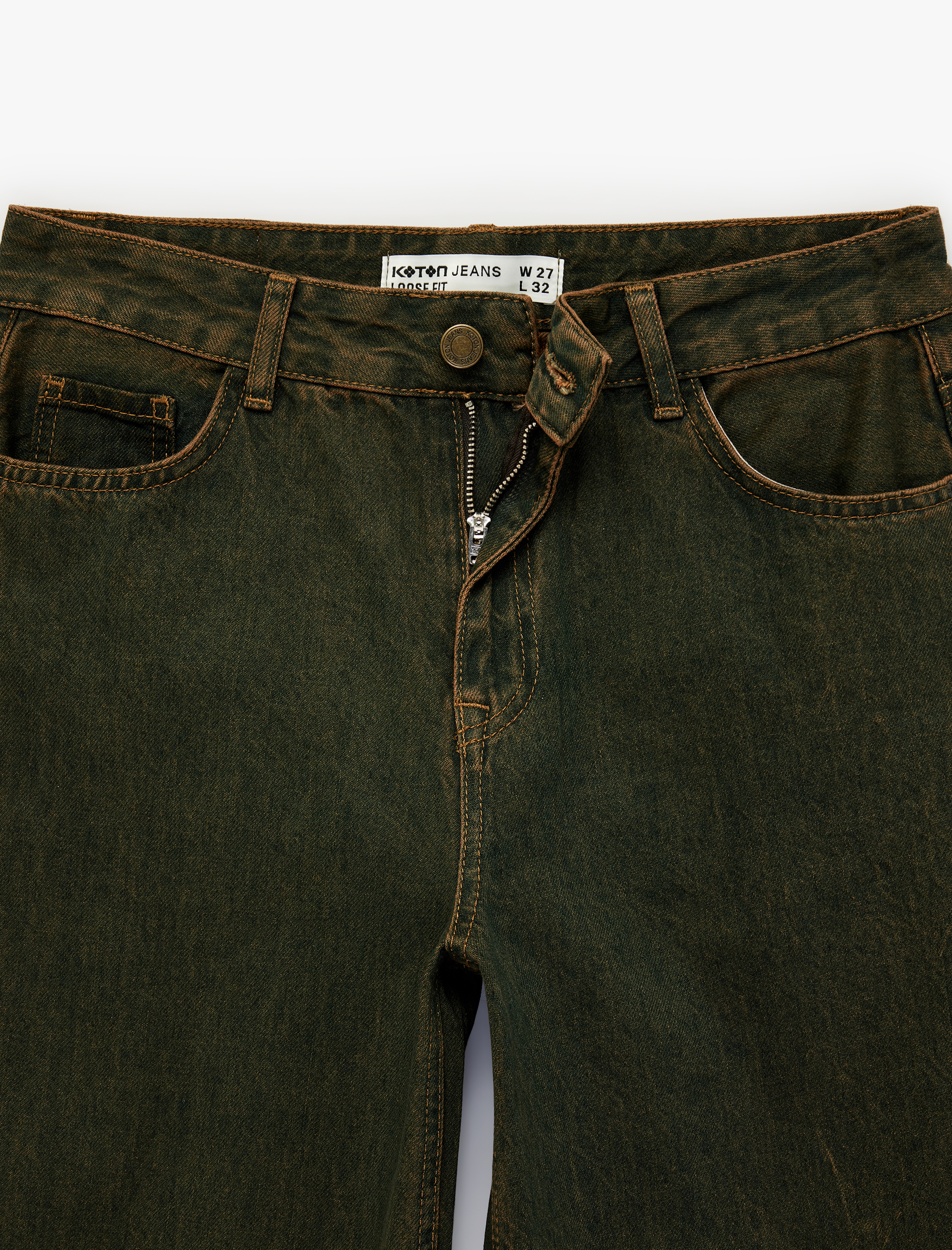   Bol Kalıp Düğmeli Cepli Yıkamalı Geniş Paça Denim Pantolon - Loose Straight Fit Jean