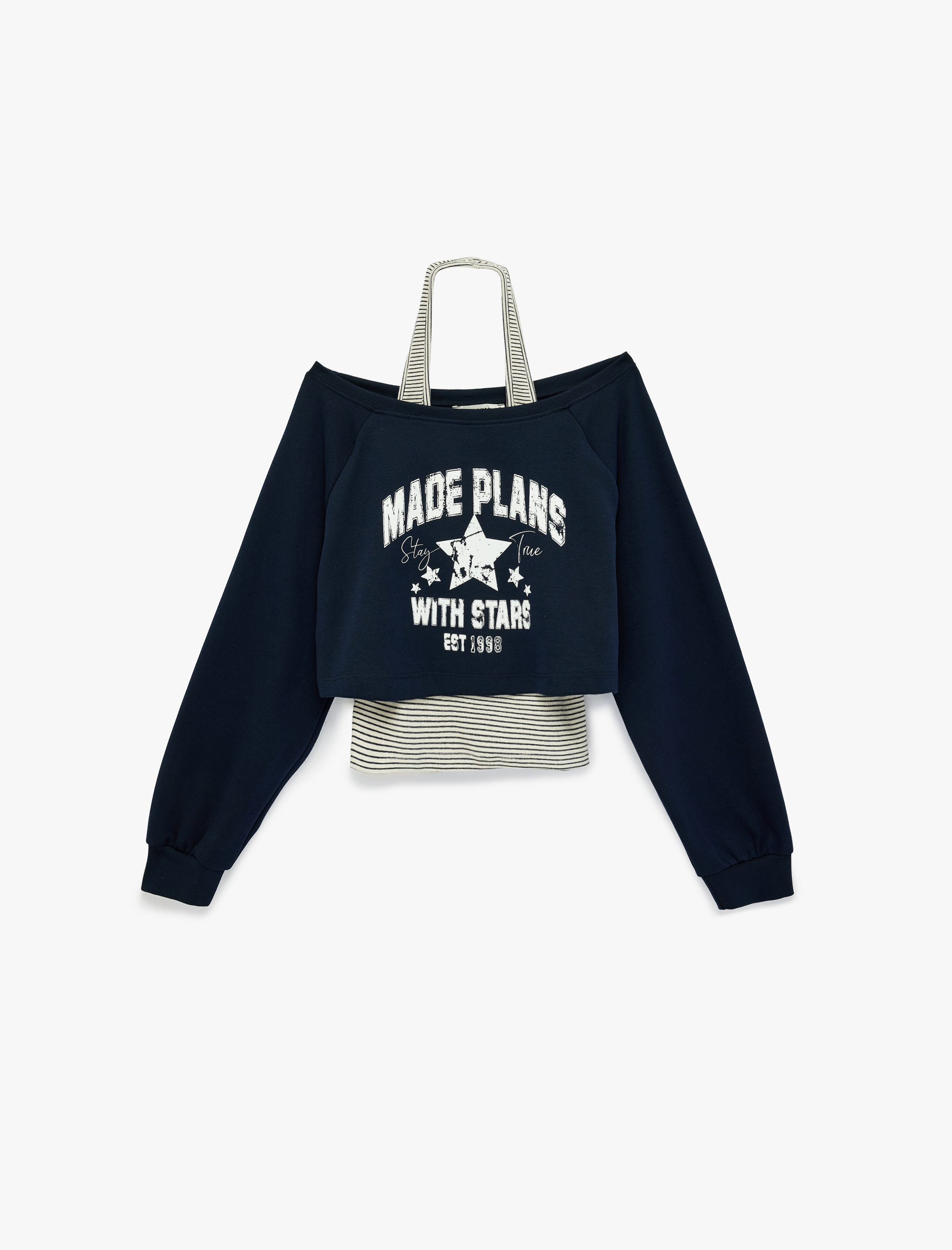  Rahat Kalıp Uzun Kollu Boyundan Bağlama Detaylı Crop Baskılı Sweatshirt
