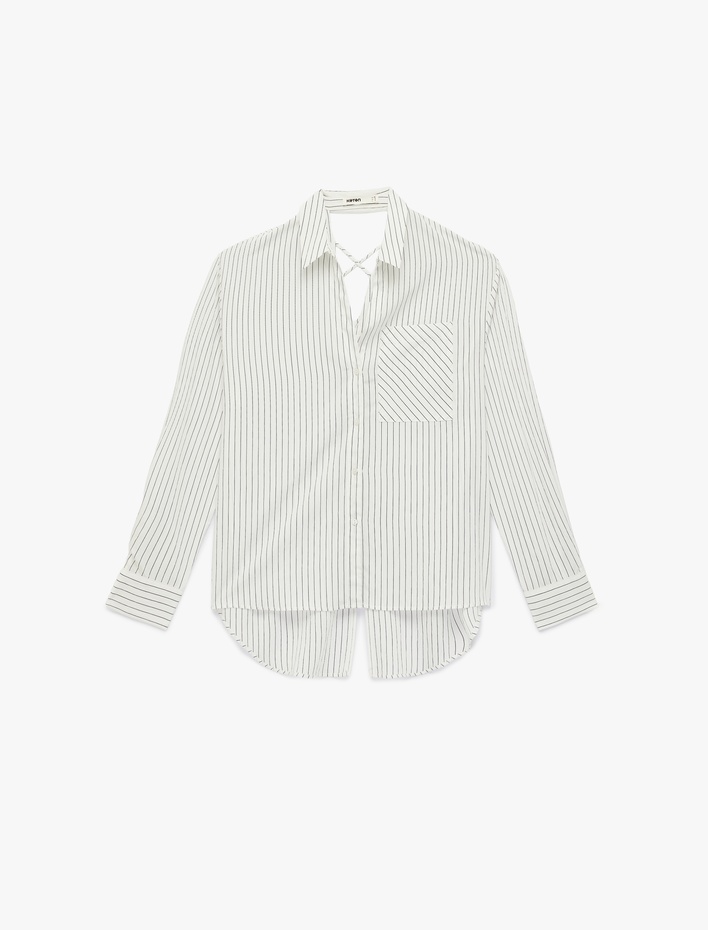  Bol Kalıp Cepli Uzun Kollu Arkası Pencere Detaylı Çizgili Gömlek