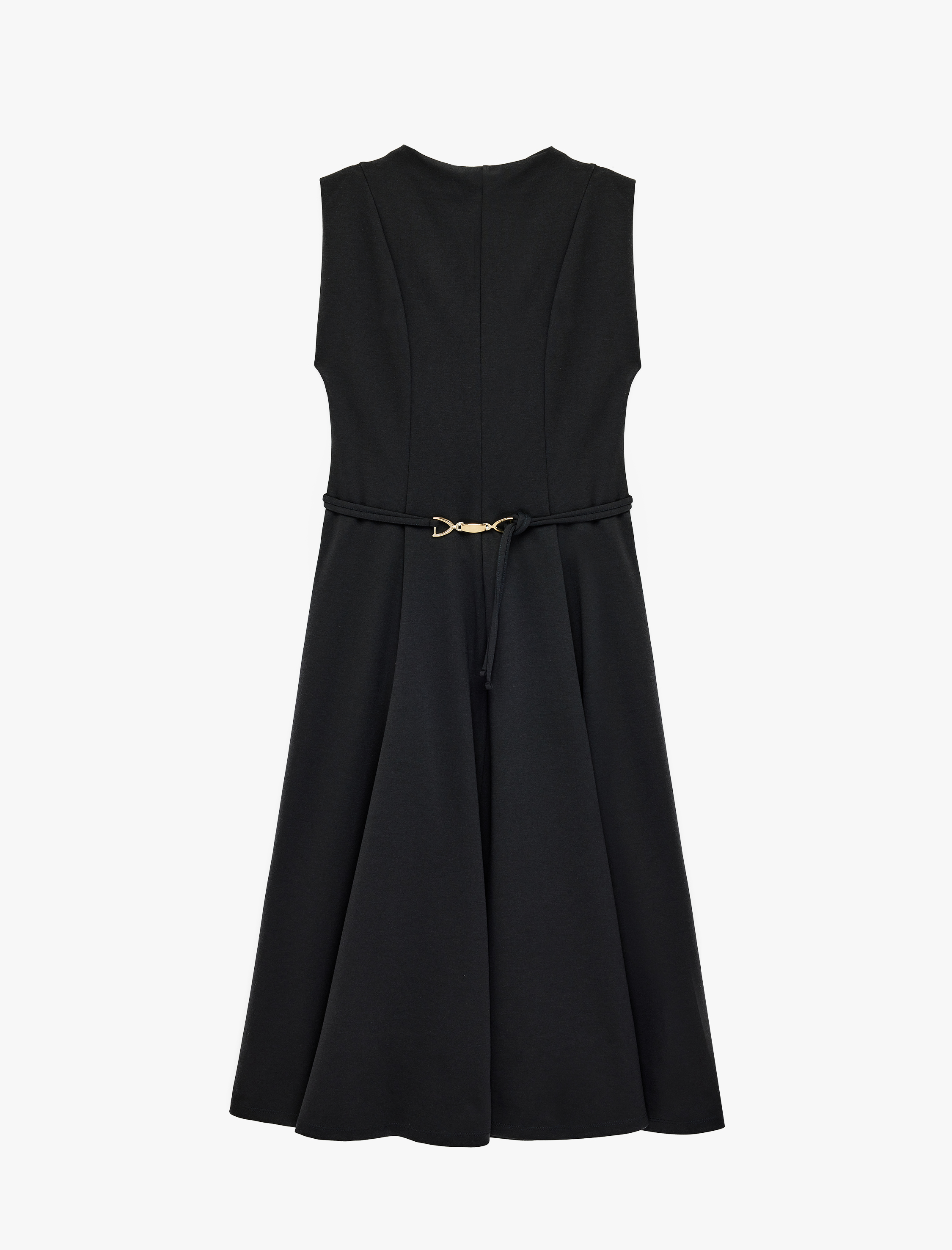   Pileli Yuvarlak Yaka Kolsuz Midi Boy Kemerli Elbise