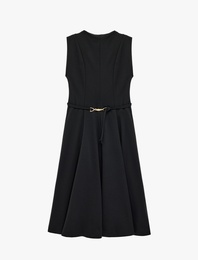 Pileli Yuvarlak Yaka Kolsuz Midi Boy Kemerli Elbise