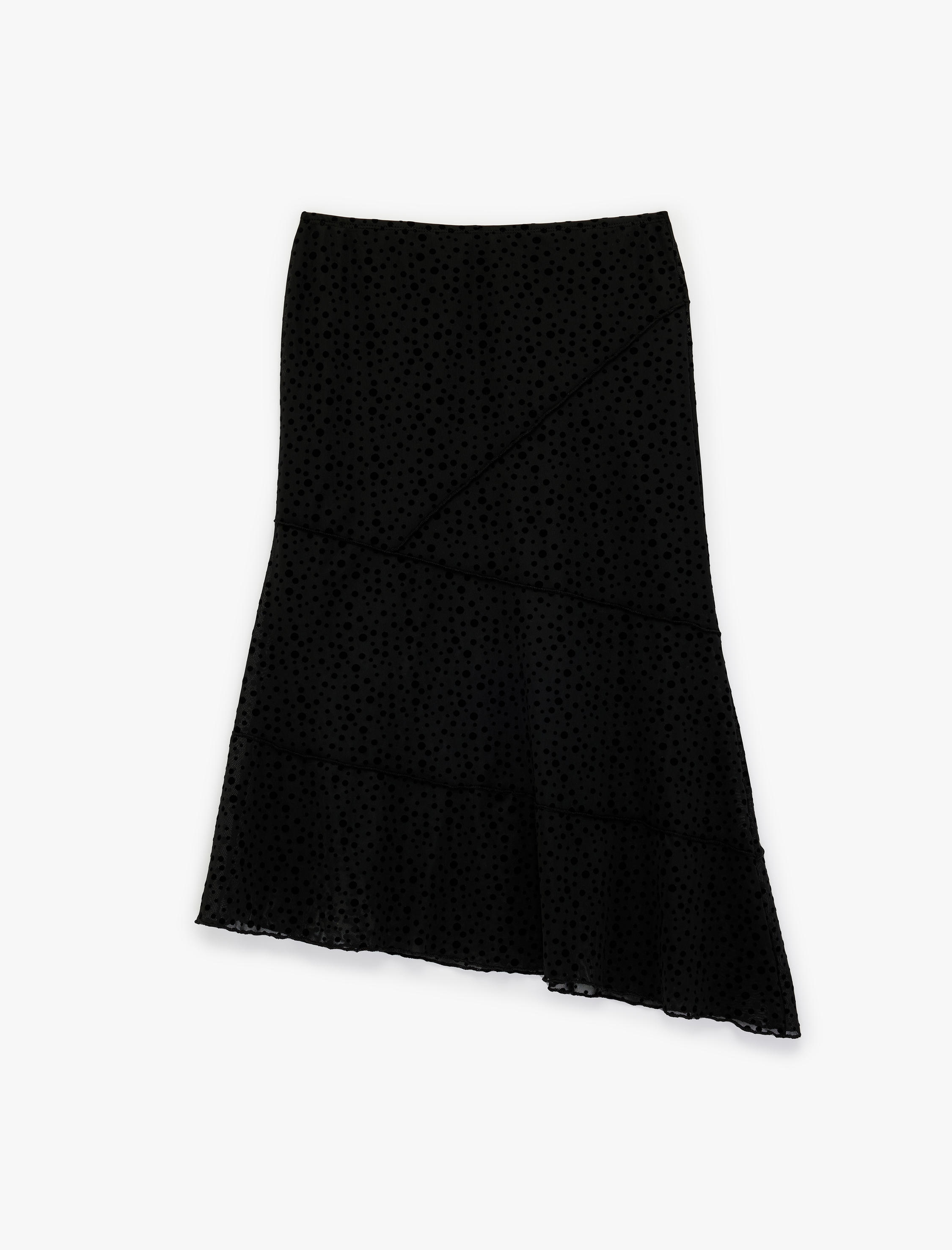   Slim Fit Asimetrik Kesim Puantiyeli Midi Etek