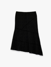 Slim Fit Asimetrik Kesim Puantiyeli Midi Etek