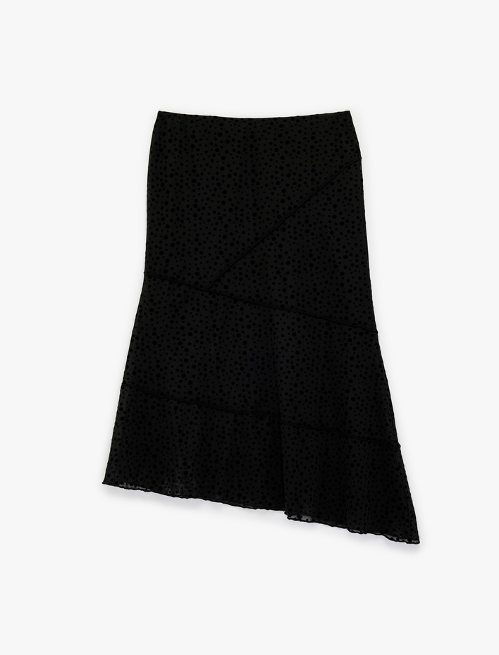  Slim Fit Asimetrik Kesim Puantiyeli Midi Etek