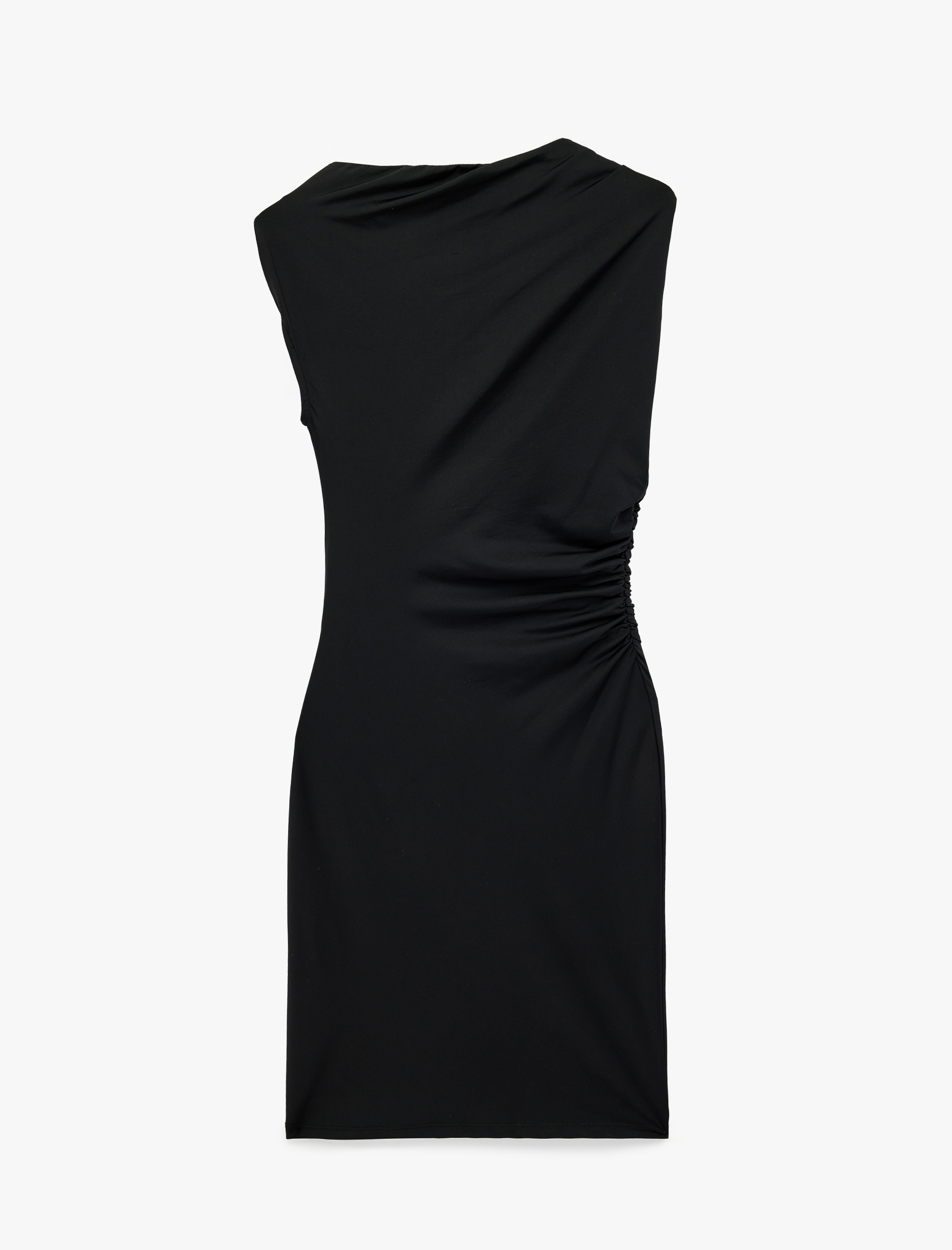   Slim Fit Aksesuar Detaylı Asimetrik Kayık Yaka Drapeli Kolsuz Mini Elbise