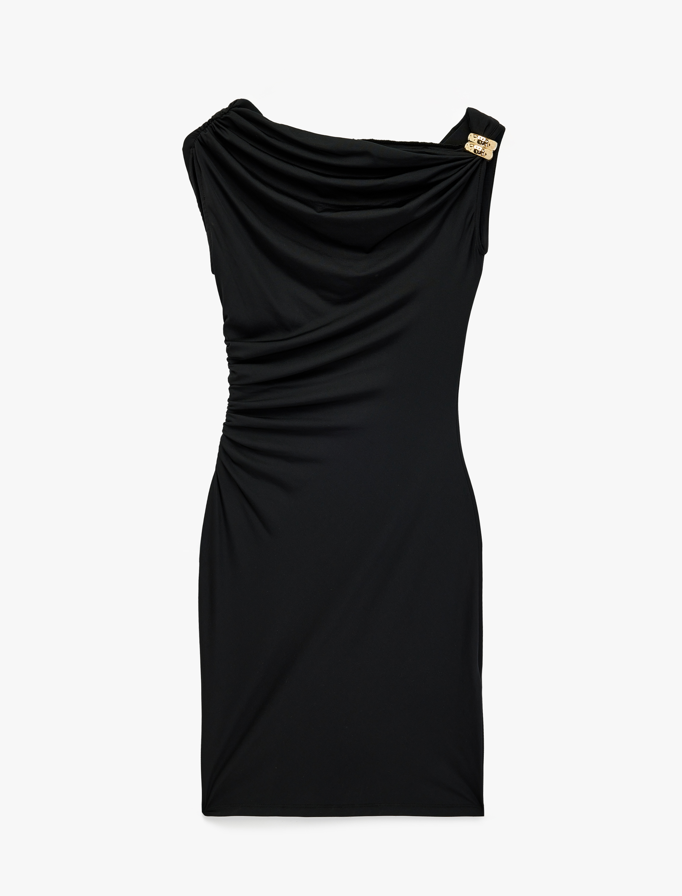   Slim Fit Aksesuar Detaylı Asimetrik Kayık Yaka Drapeli Kolsuz Mini Elbise