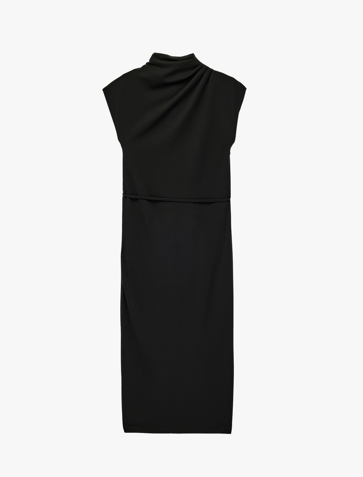  Drapeli Dik Yaka Kolsuz Midi Elbise