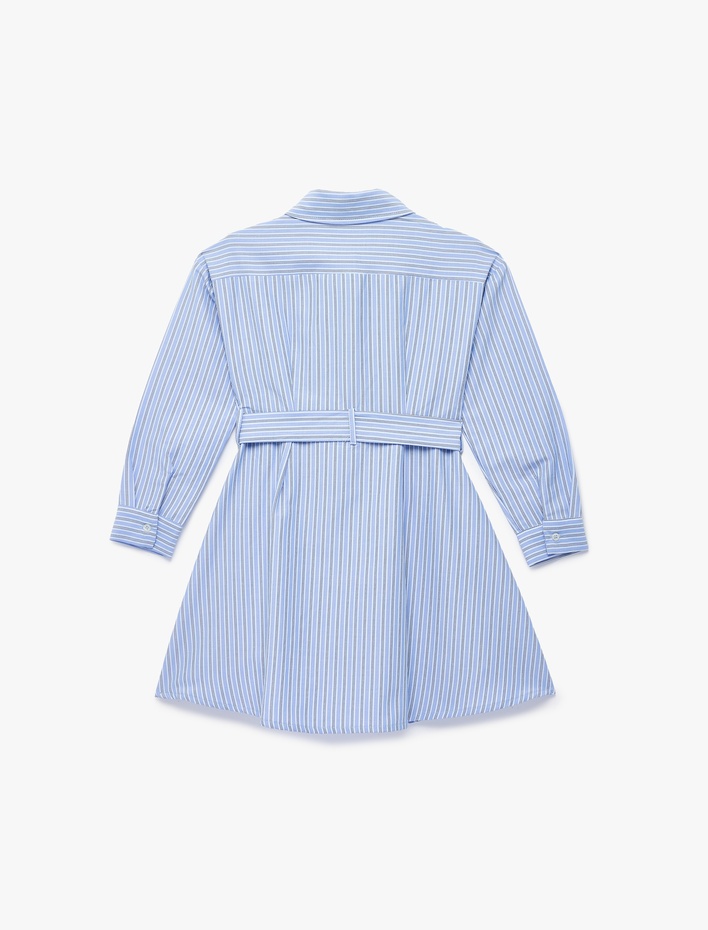 Kız Çocuk Kuşak Detaylı Uzun Kollu Poplin Çizgili Gömlek Yaka Elbise