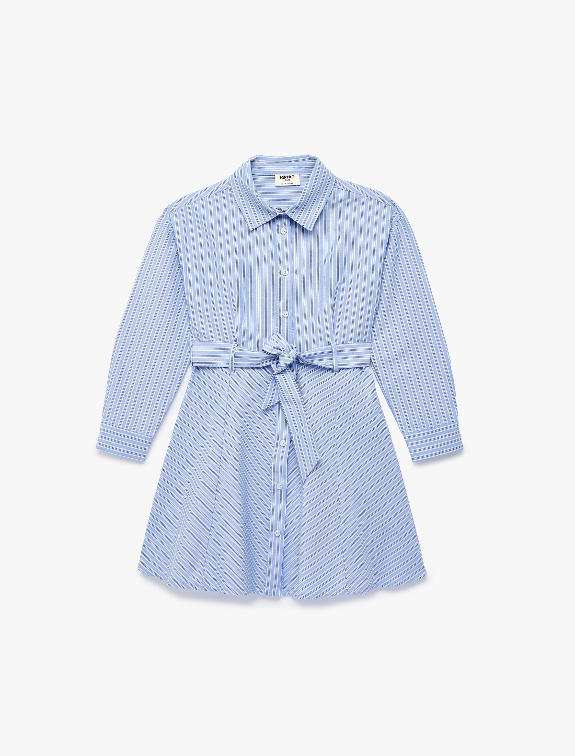  Kız Çocuk Kuşak Detaylı Uzun Kollu Poplin Çizgili Gömlek Yaka Elbise