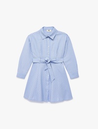 Kuşak Detaylı Uzun Kollu Poplin Çizgili Gömlek Yaka Elbise