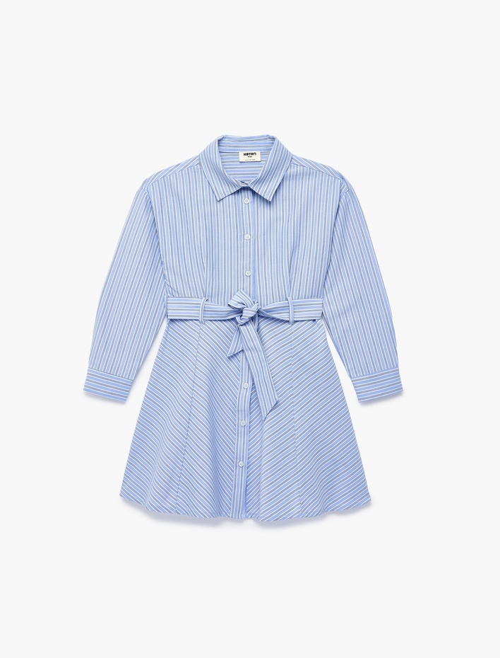 Kız Çocuk Kuşak Detaylı Uzun Kollu Poplin Çizgili Gömlek Yaka Elbise