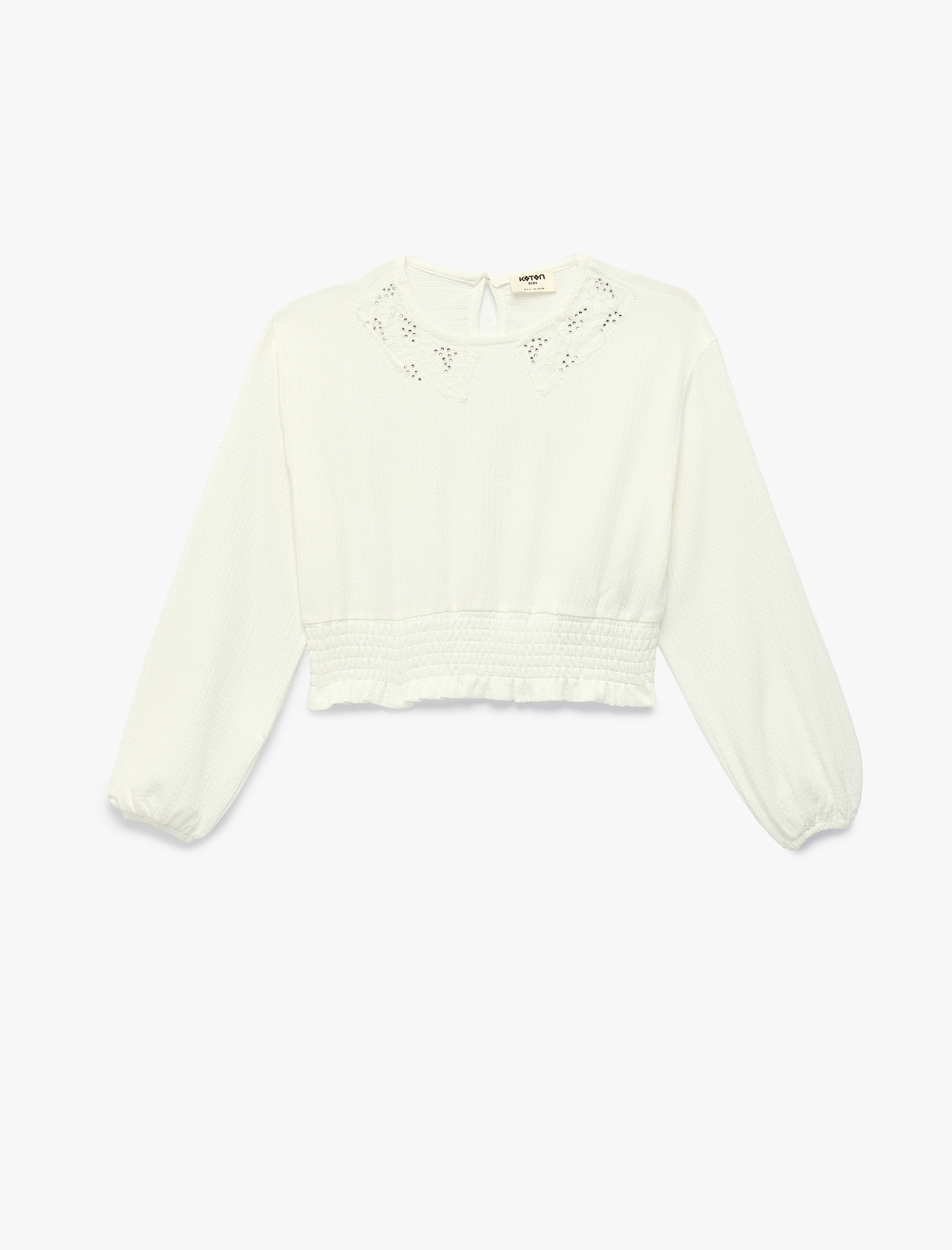  Kız Çocuk Beli Lastikli Dantel Detaylı Bisiklet Yaka Uzun Kollu Crop Bluz