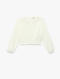 Beli Lastikli Dantel Detaylı Bisiklet Yaka Uzun Kollu Crop Bluz