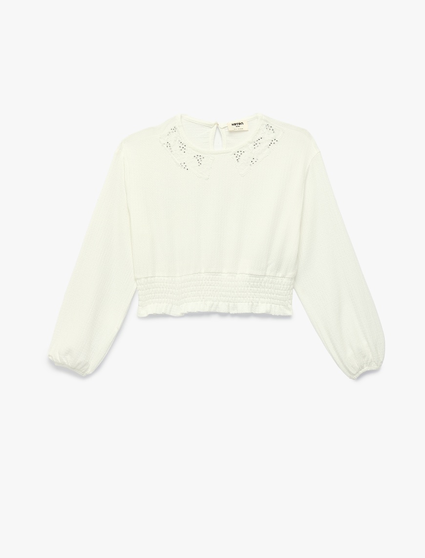 Koton Beli Lastikli Dantel Detaylı Bisiklet Yaka Uzun Kollu Crop Bluz