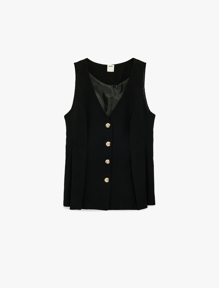  Düğme Detaylı Kolsuz Uzun V Yaka Yelek