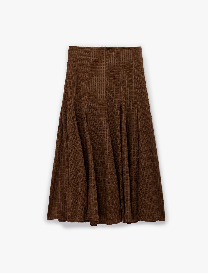  Pamuklu Pile Detaylı Kareli Midi Etek