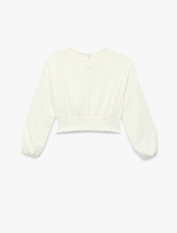 Kız Çocuk Beli Lastikli Dantel Detaylı Bisiklet Yaka Uzun Kollu Crop Bluz