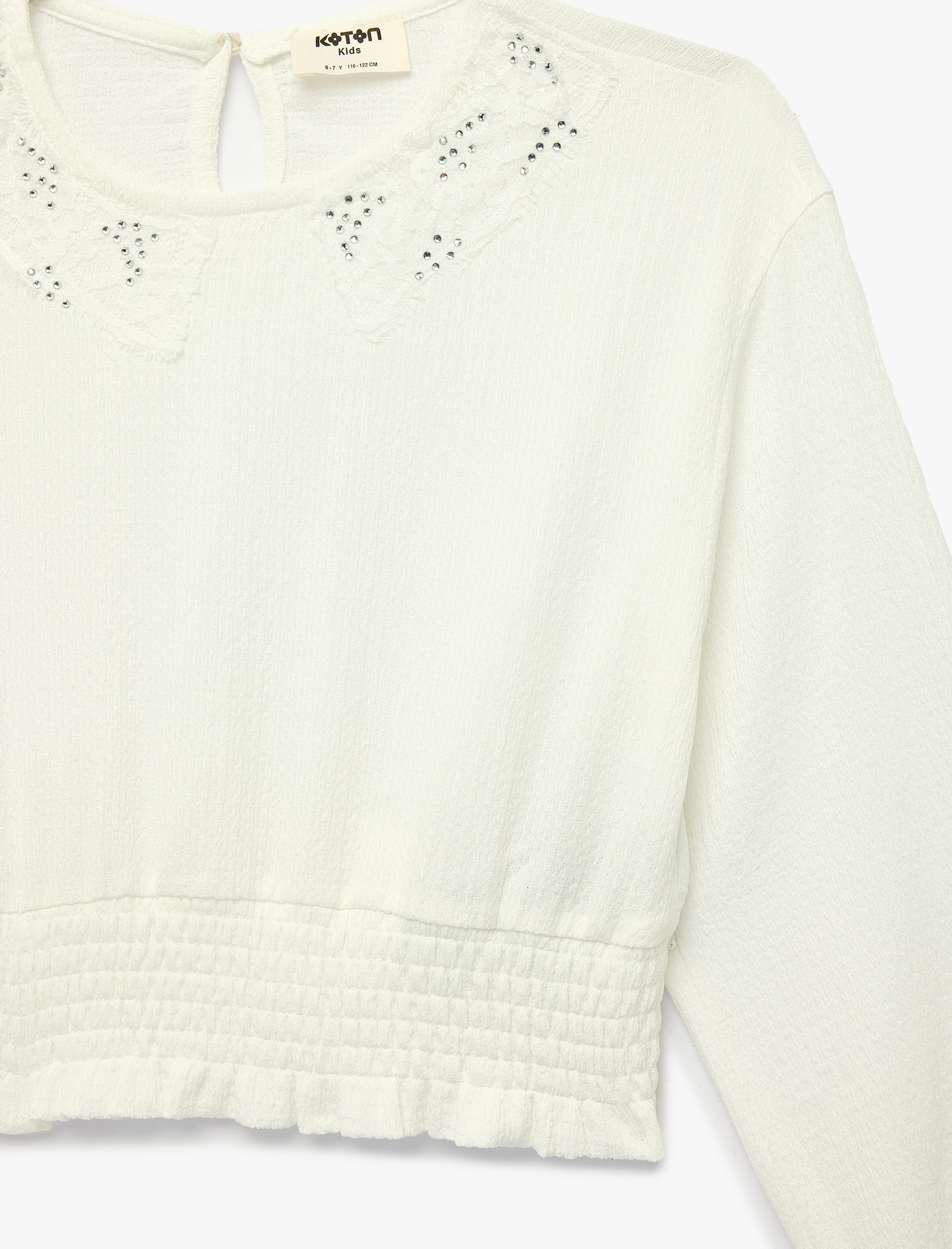  Kız Çocuk Beli Lastikli Dantel Detaylı Bisiklet Yaka Uzun Kollu Crop Bluz