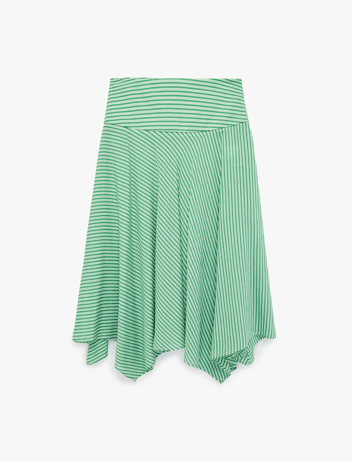  Viskon Kumaş Asimetrik Kesim Çizgili Midi Etek