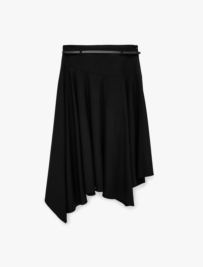  Yüksek Bel Asimetrik Kesim Kemer Detaylı Kloş Midi Etek