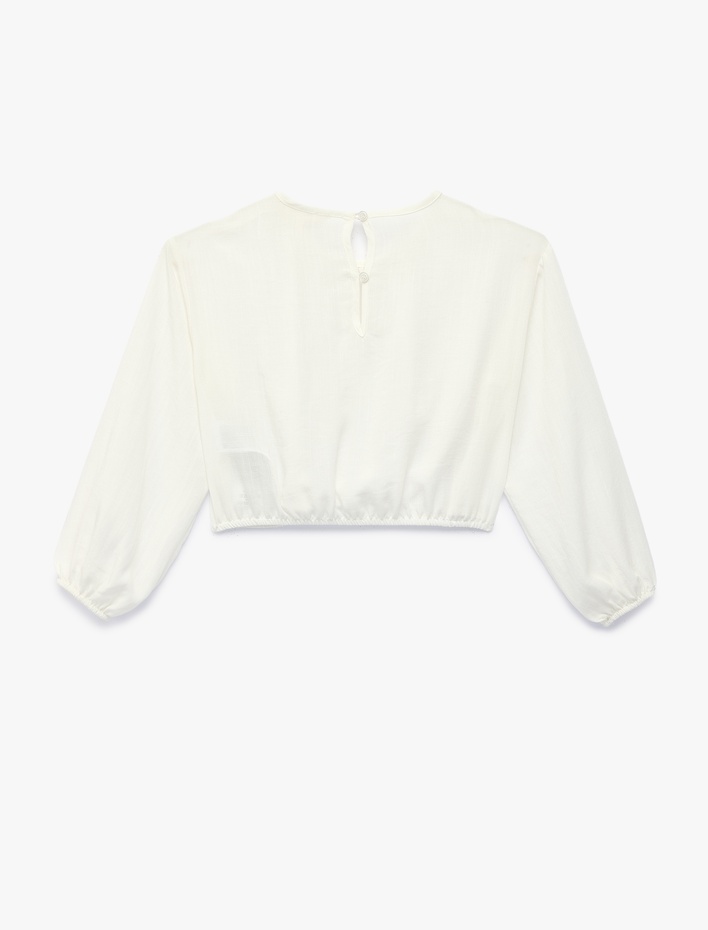 Kız Çocuk Beli Lastikli Viskon Karışımlı Uzun Kollu Bisiklet Yaka Crop Bluz