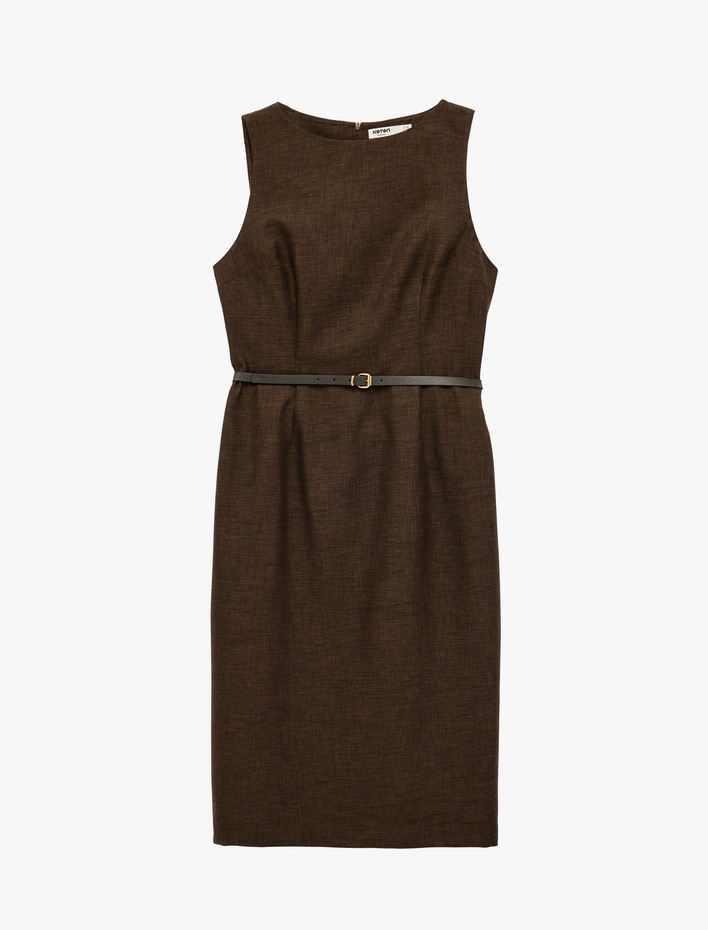  Kemer Detaylı Bisiklet Yaka Kolsuz Midi Elbise