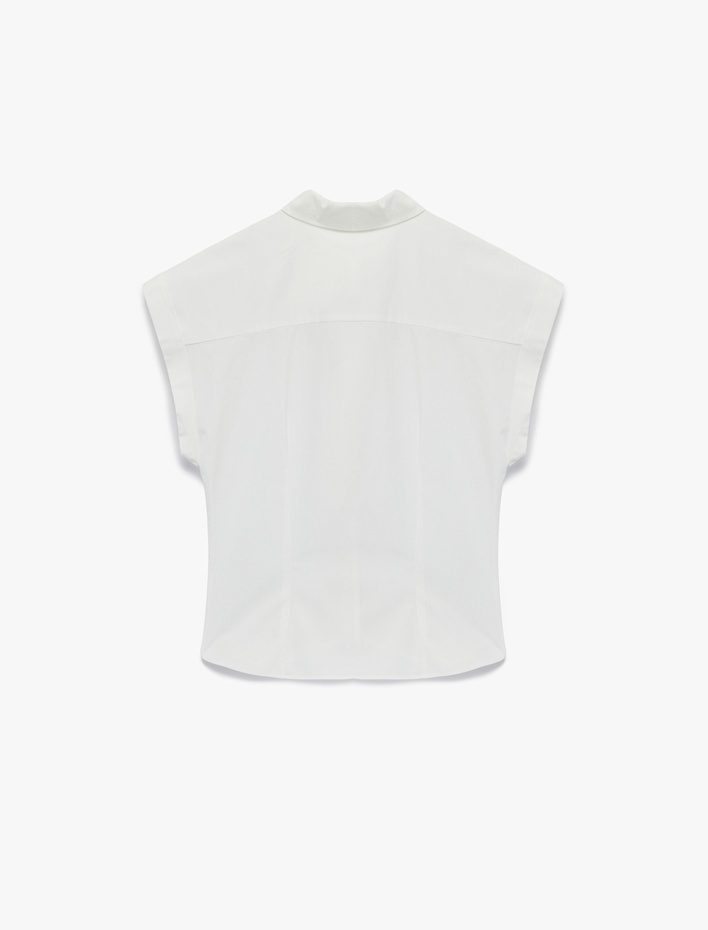  Pamuklu Slim Fit Kap Kol Önden Bağlama Detaylı Poplin Gömlek